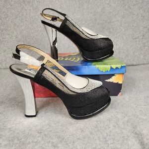 Italina Embellished Pumps Womens Size 8 Black Silver Sling Back Peep Toe Heels